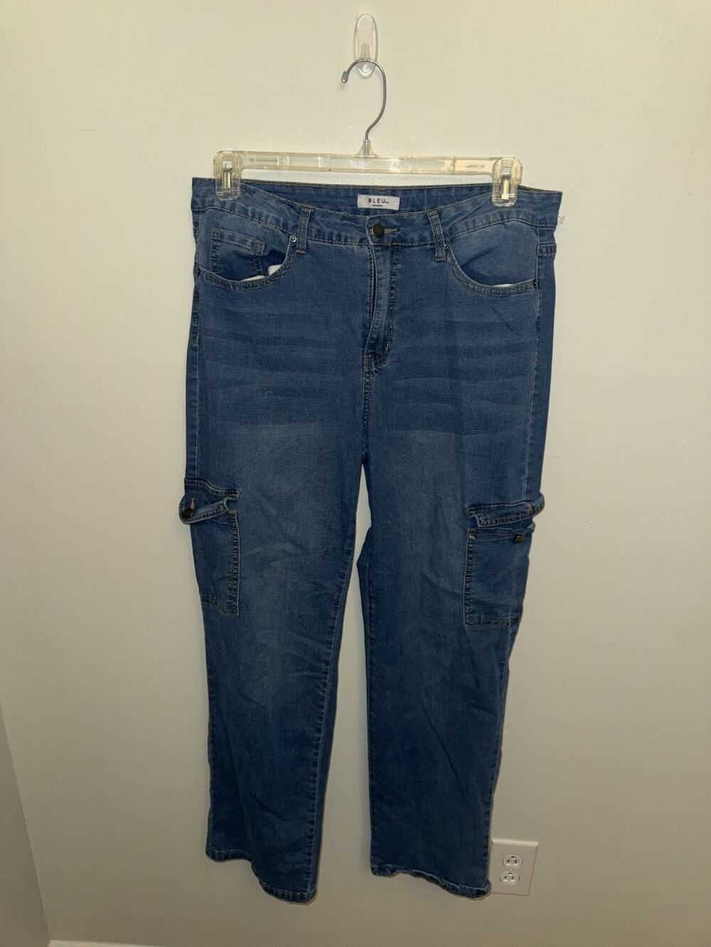 Bleu Women’s Blue Denim Cargo Jeans Y2K Straight Leg Size 14 Side Pockets